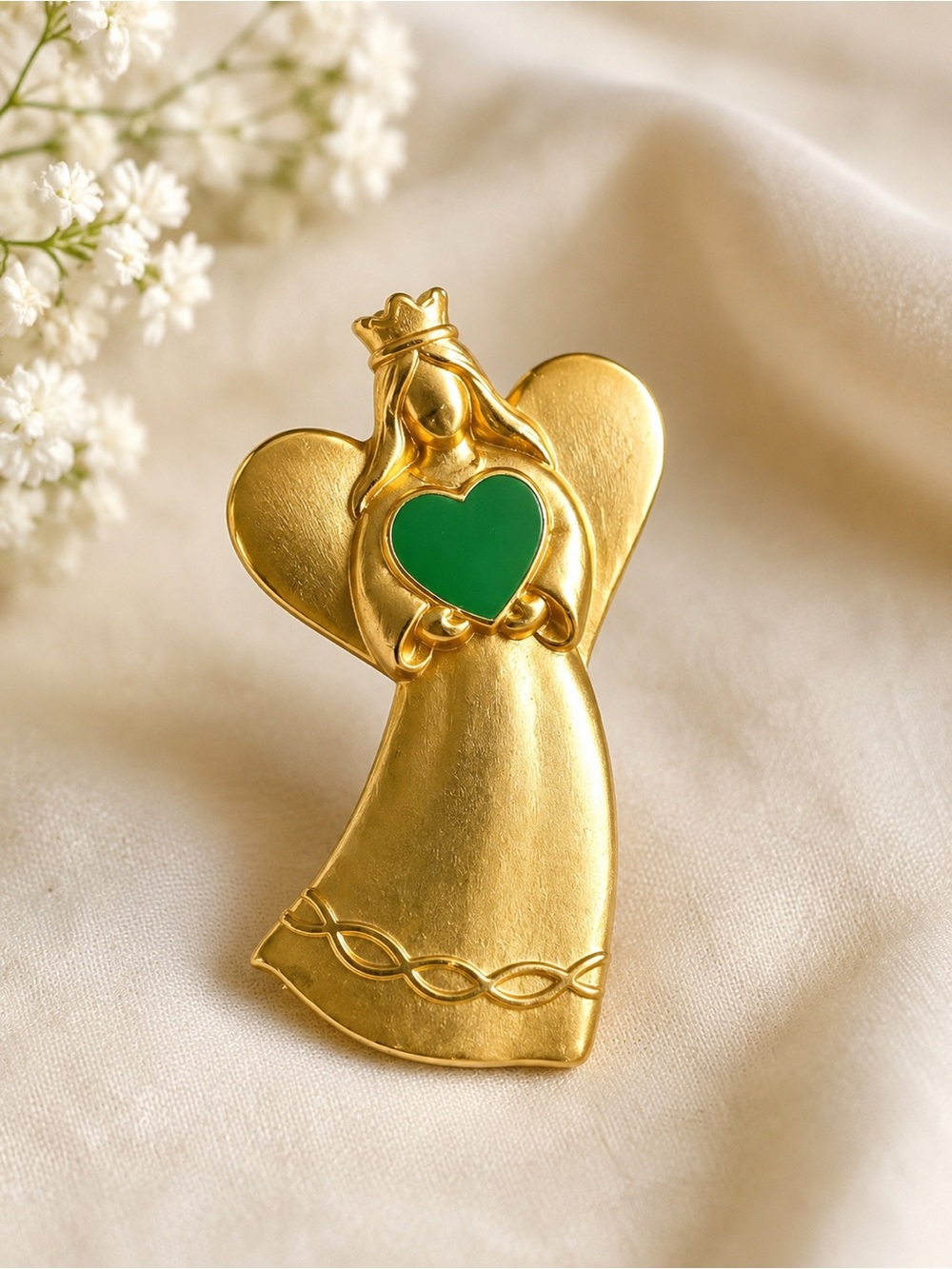Vintage Liz Claiborne Angel Brooch Green Heart Gold Tone Guardian Angel Pin